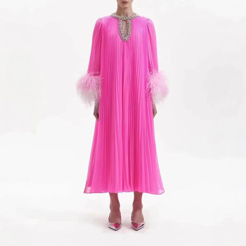 Heavy-duty Pressed Collar Handmade Nail Drill European and American Style Fashion Women's dress Feather Women's Ostrich Feather Long Dress