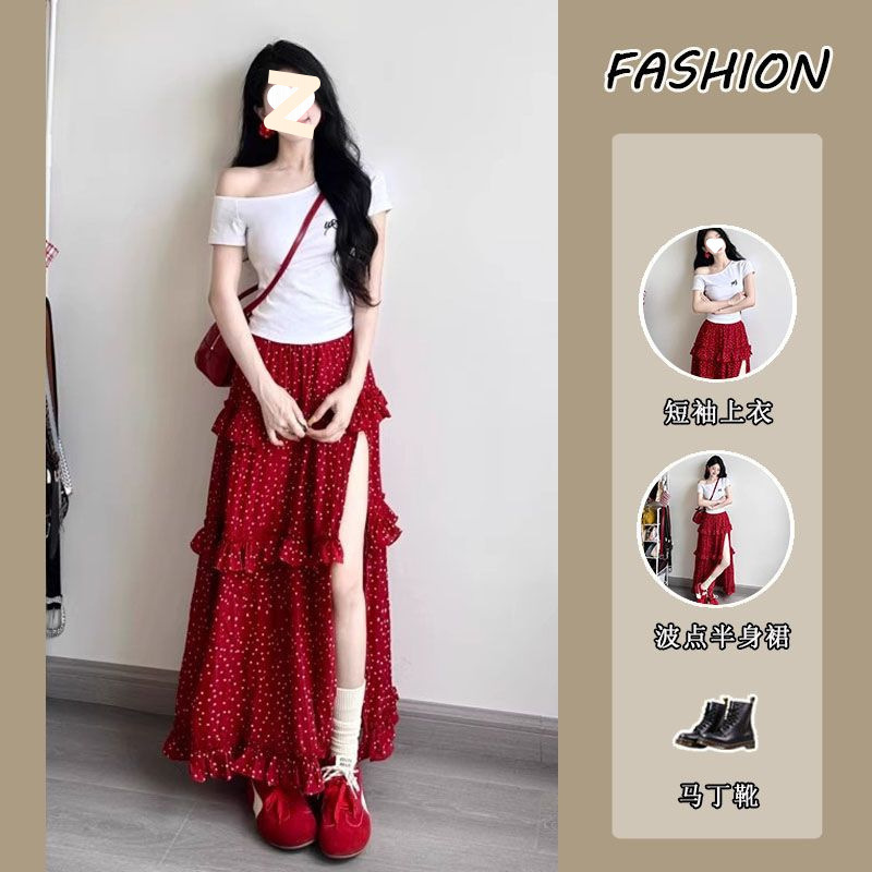 Pure Desire Style Hot Girl Outfit for Women 2026 Summer Off-Shoulder Short Sleeve T-Shirt Top with Polka Dot Design and Trendy Skirt