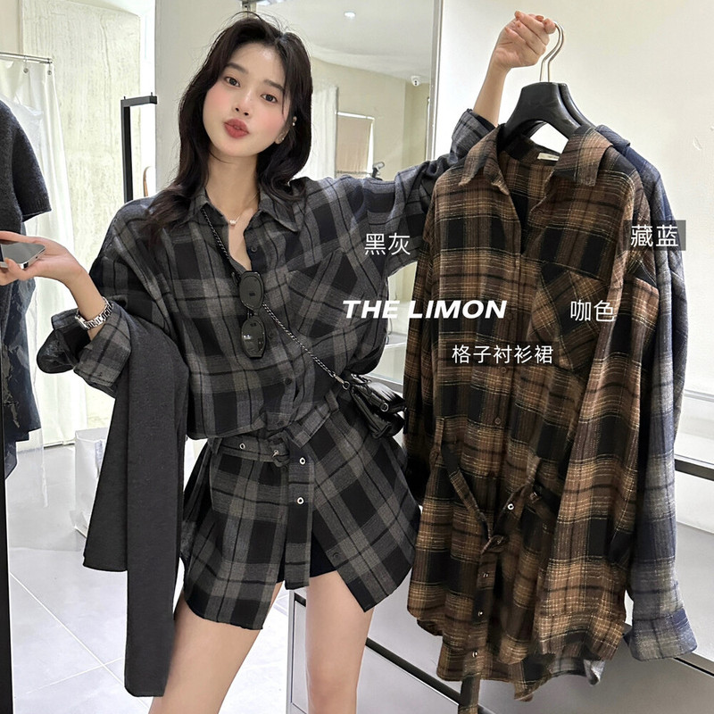 thelimon柠檬绿茶2025秋季复古设计感系带收腰磨毛格纹衬衫女上衣|undefined