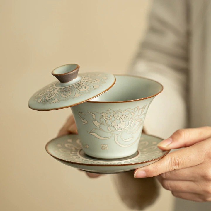 汝窑莲花悬停三才盖碗防烫手陶瓷泡茶碗家用中国风功夫茶具冲茶器