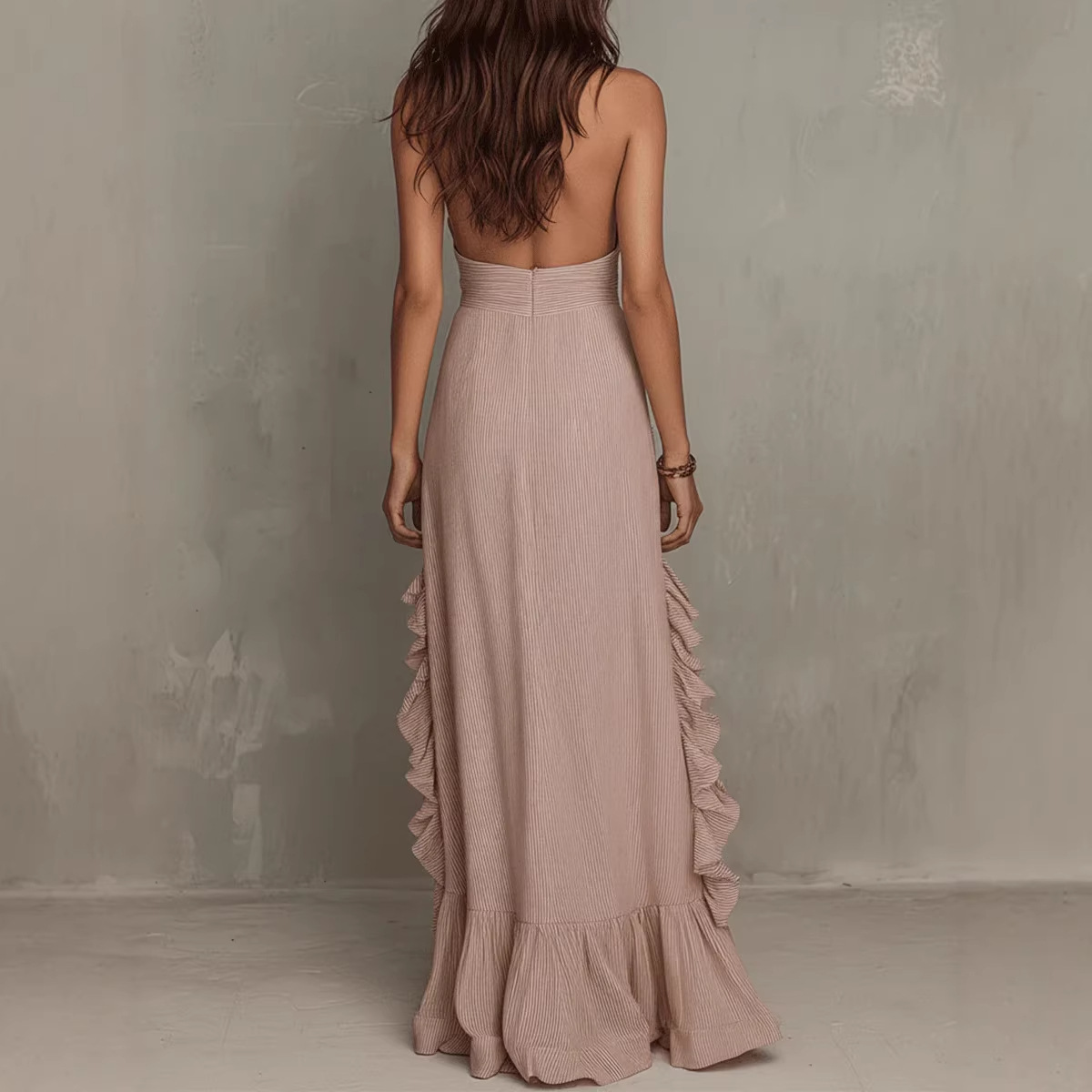 2026 European And American Independent Site Cross-Border Vacation Bohemian Striped Ruffe Backess Dress New_ecoleips.com