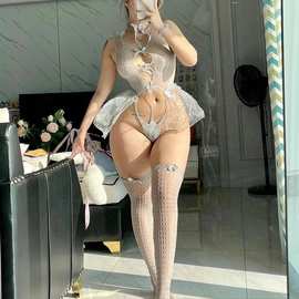 跨境欧美风情趣内衣网衣浅灰色连体衣蓬蓬裙带网袜外贸亚马逊款