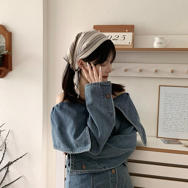 Sombrero, pañuelo triangular de primavera y verano, pañuelo para mujer, pañuelo para el cabello a rayas de color de alta calidad, pañuelo de seda, cortina de pedos de cintura