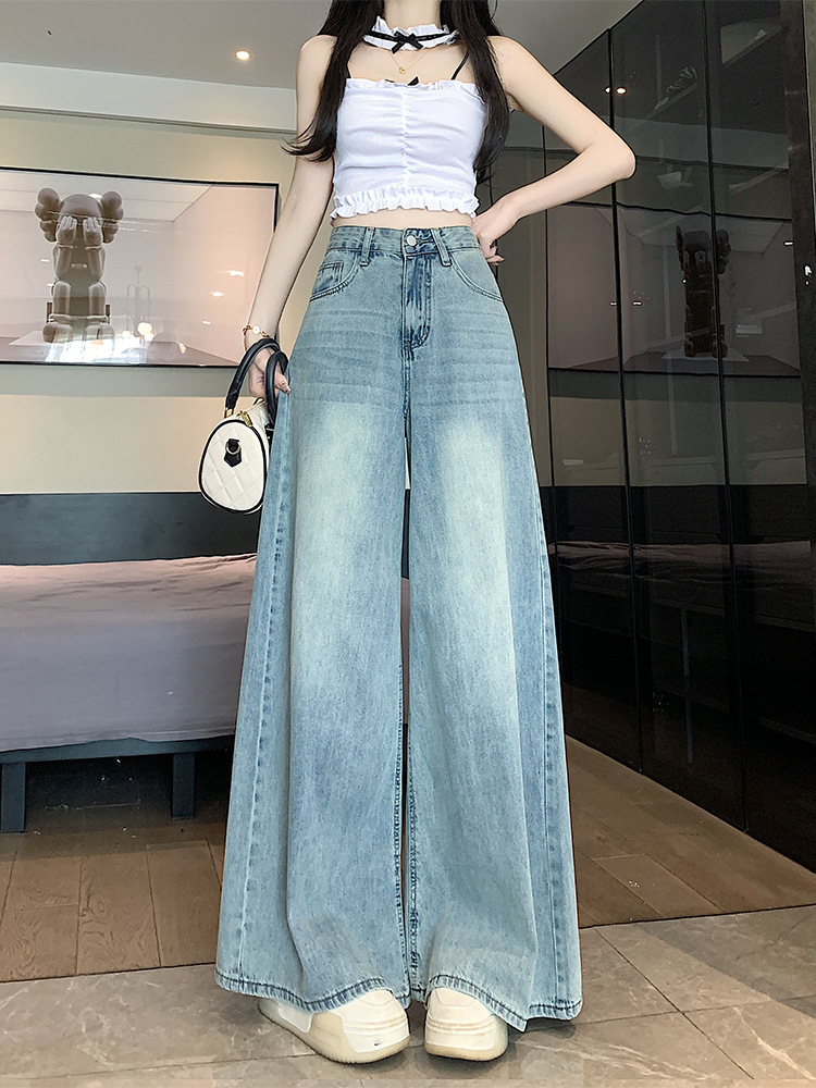 Women's Summer Thin Light Blue Wide Leg Jeans High Waist Slimming Loose Fit Straight Leg Floor Length Pants Plus Size_ecoleips.com