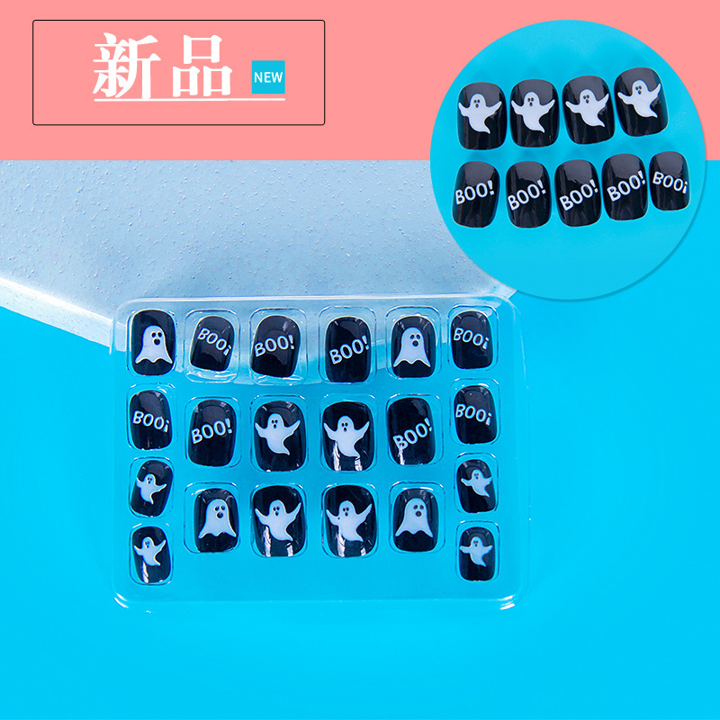 Black and White Ghost Children's Wearing Armor Halloween Personality Fake Nail Pieces Nail Wearing Armor Back Glue Nail Patch