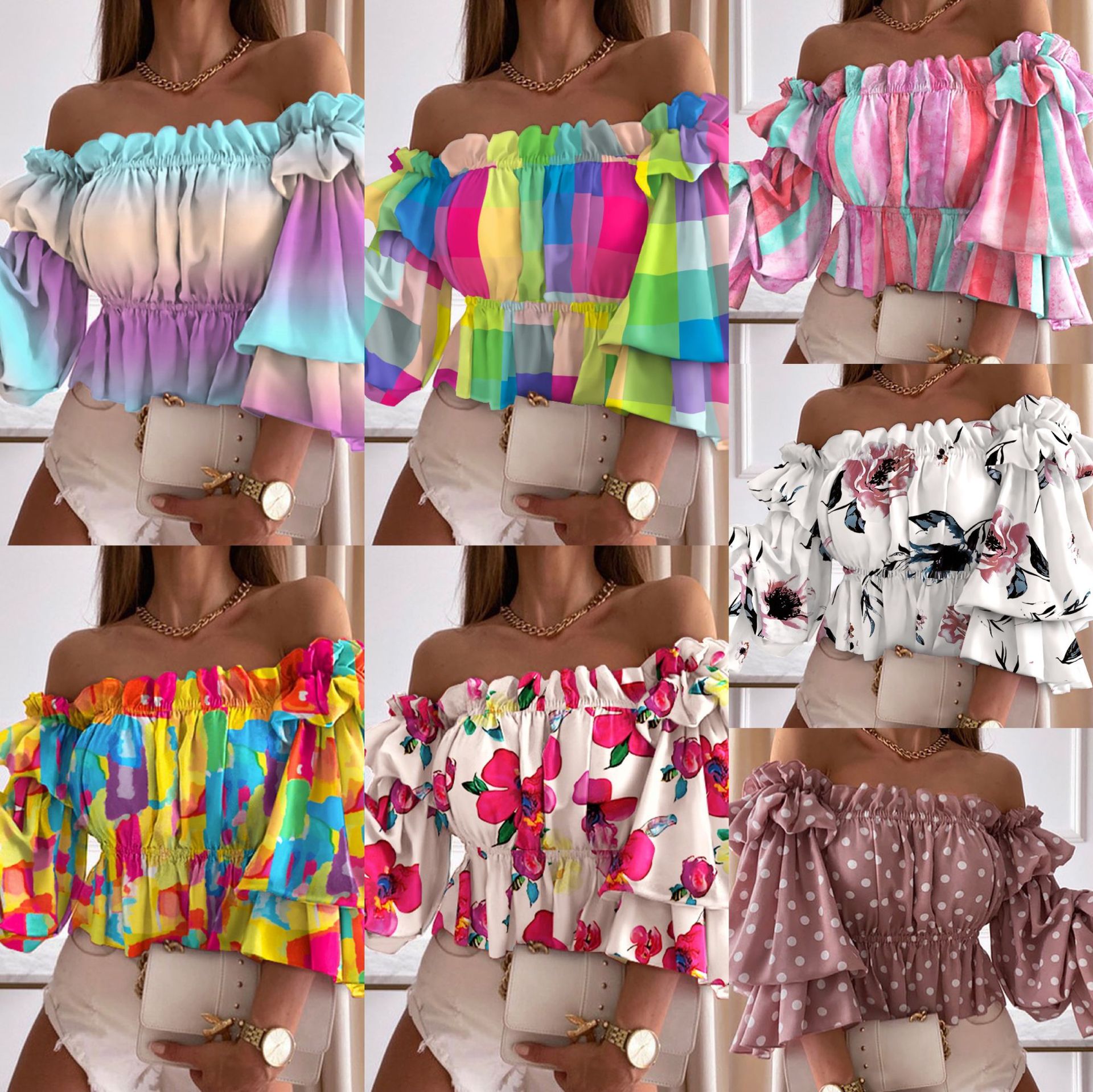 Camisa plisada de un solo hombro de nueva moda europea y americana para mujer, versátil, moderna, antiarrugas, de manga corta, diseño de hombros descubiertos de estilo americano