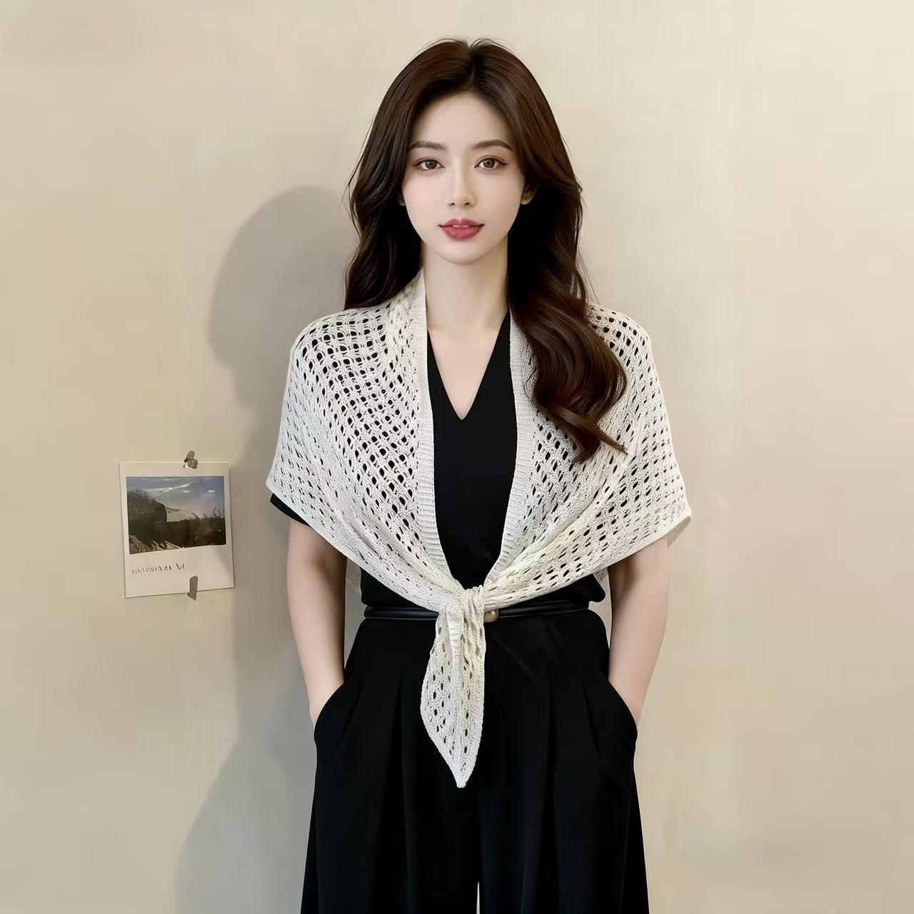 New summer mesh solid color shawl, versatile and flattering, suitable to be worn over a cheongsam, cape shawl for women, knitted air conditioning shirt