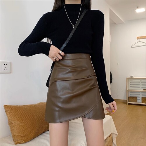 Black small leather skirt for women's autumn and winter new high-waisted anti-exposure skirt large size pleated irregular a-line short skirt