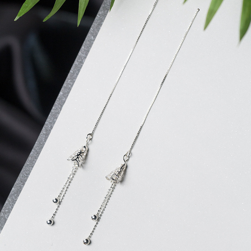 S925 línea de orejas de plata estilo coreano línea de orejas de campana de estilo japonés y coreano línea de orejas de campana hueca de estilo largo pendientes de bordas E5237