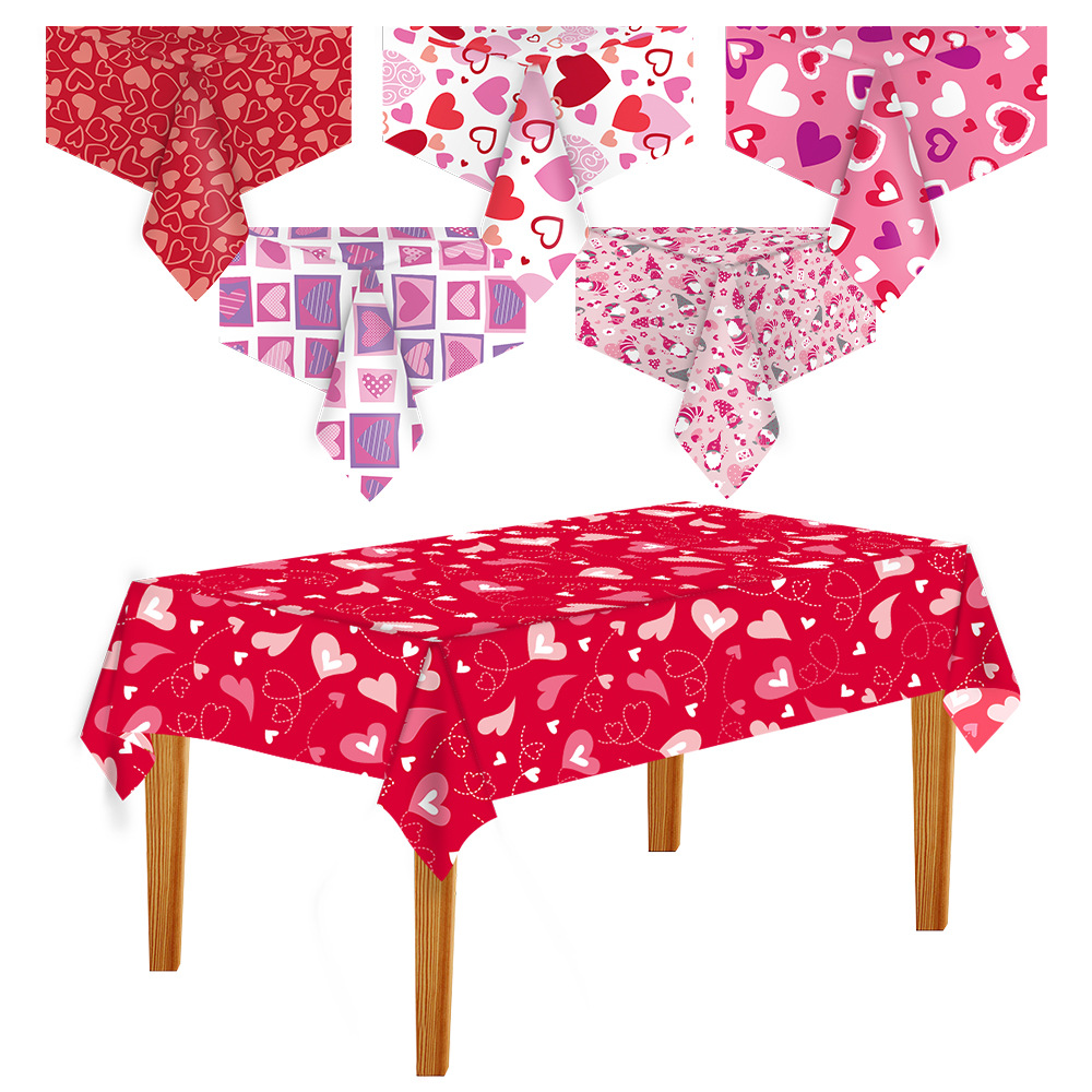 Cross-border Holiday Party Valentine's Day Heart Printed Tablecloth Proposal Plastic Disposable Supplies Decoration in Stock