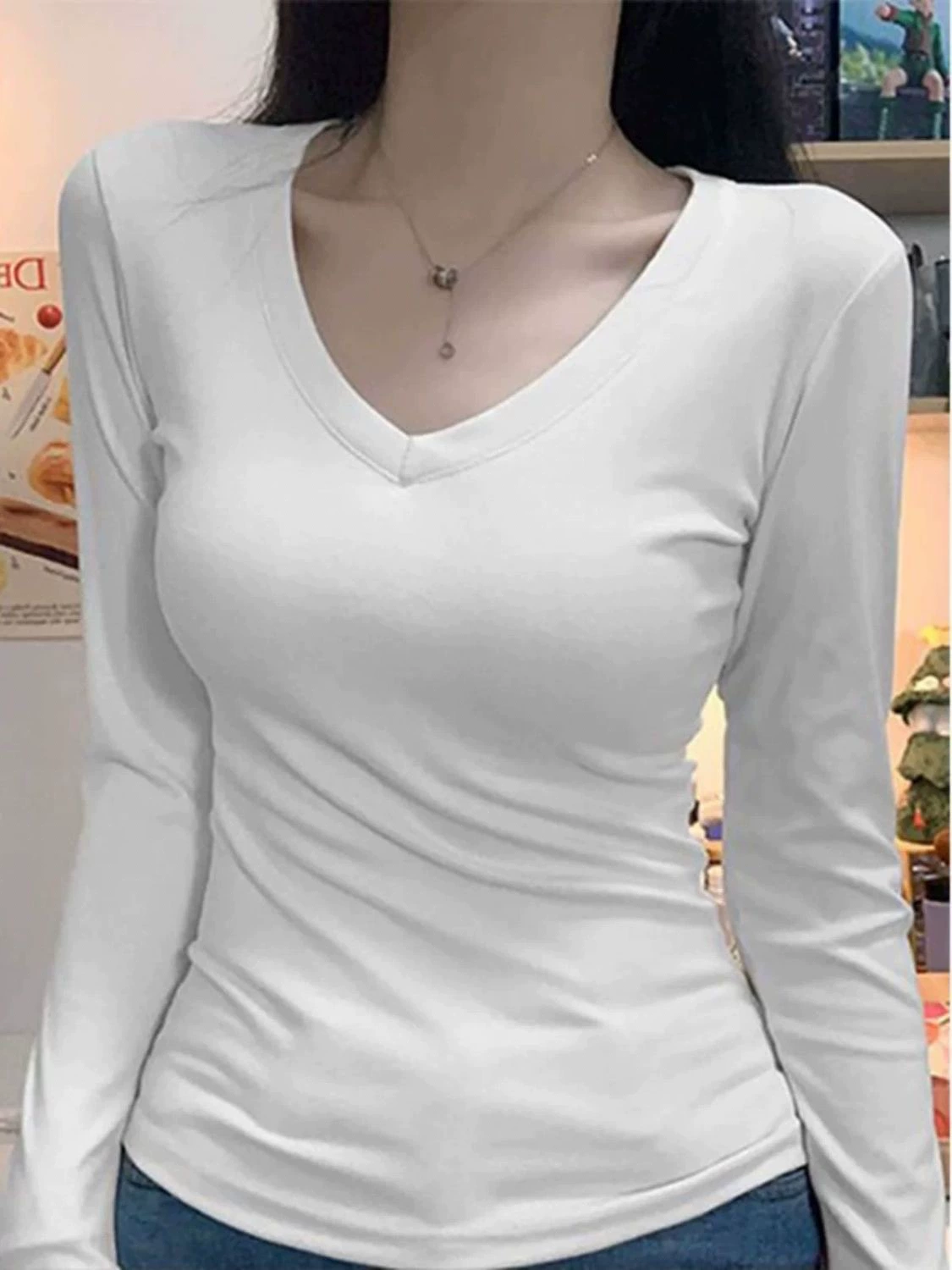 Velvet long‑sleeve V‑neck top, demi‑season, increased thickness, slim fit