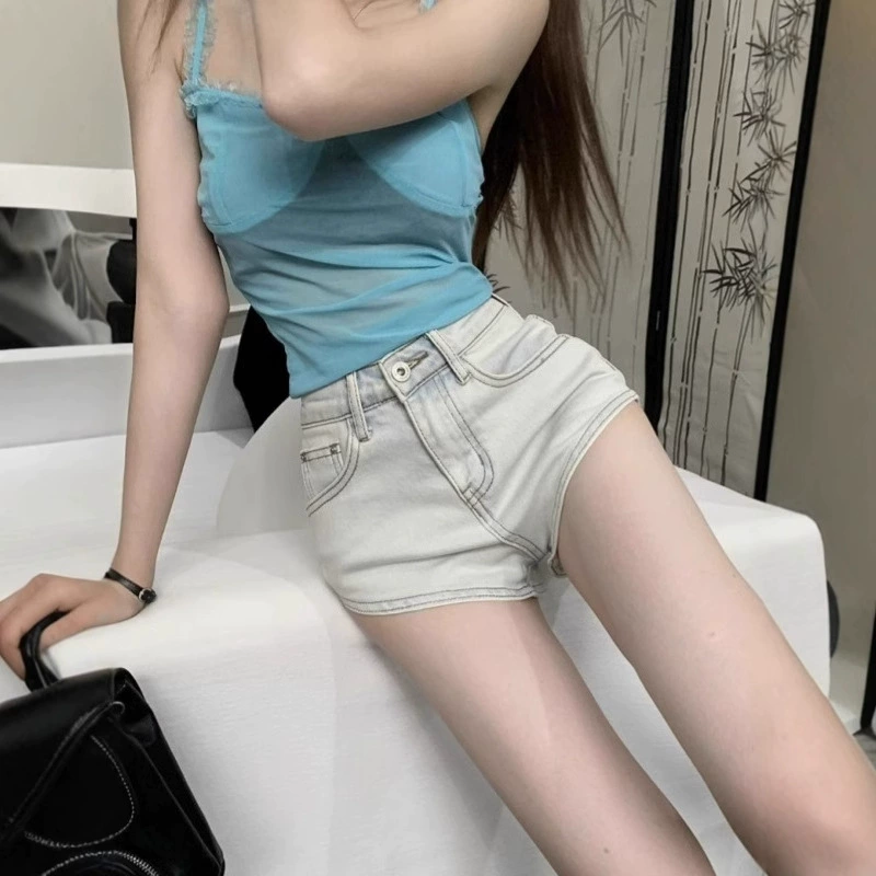 Blue retro denim shorts, summer fitted trousers, high waist