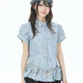 韩系彩色波点格纹衬衫女夏季2026新款学院风泡泡袖设计娃娃衫衬衣