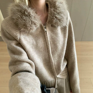 韩系简约复古风配可拆卸连帽大毛领毛衣女2026秋冬针织外套