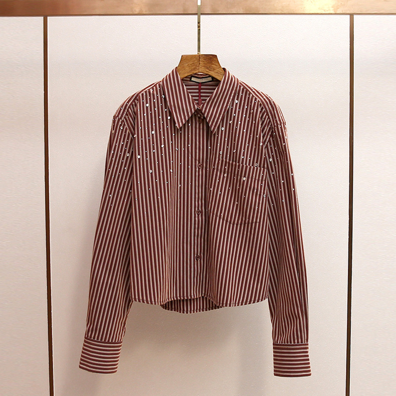 Shenzhen Nanyou Classy Women's Autumn and Winter New French Retro Casual Style Diamond-Encrusted Lapel Loose Stripesd Shirt for Women