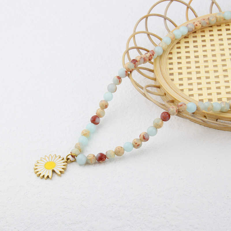 boho natural stone beaded titanium steel tag combination necklace women wholesale