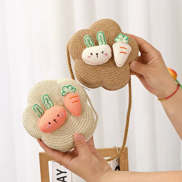 Summer Girls Woven Seaside Bag 2025 New Cute Rabbit Straw Bag Beach Children Crossbody Small Round Bag