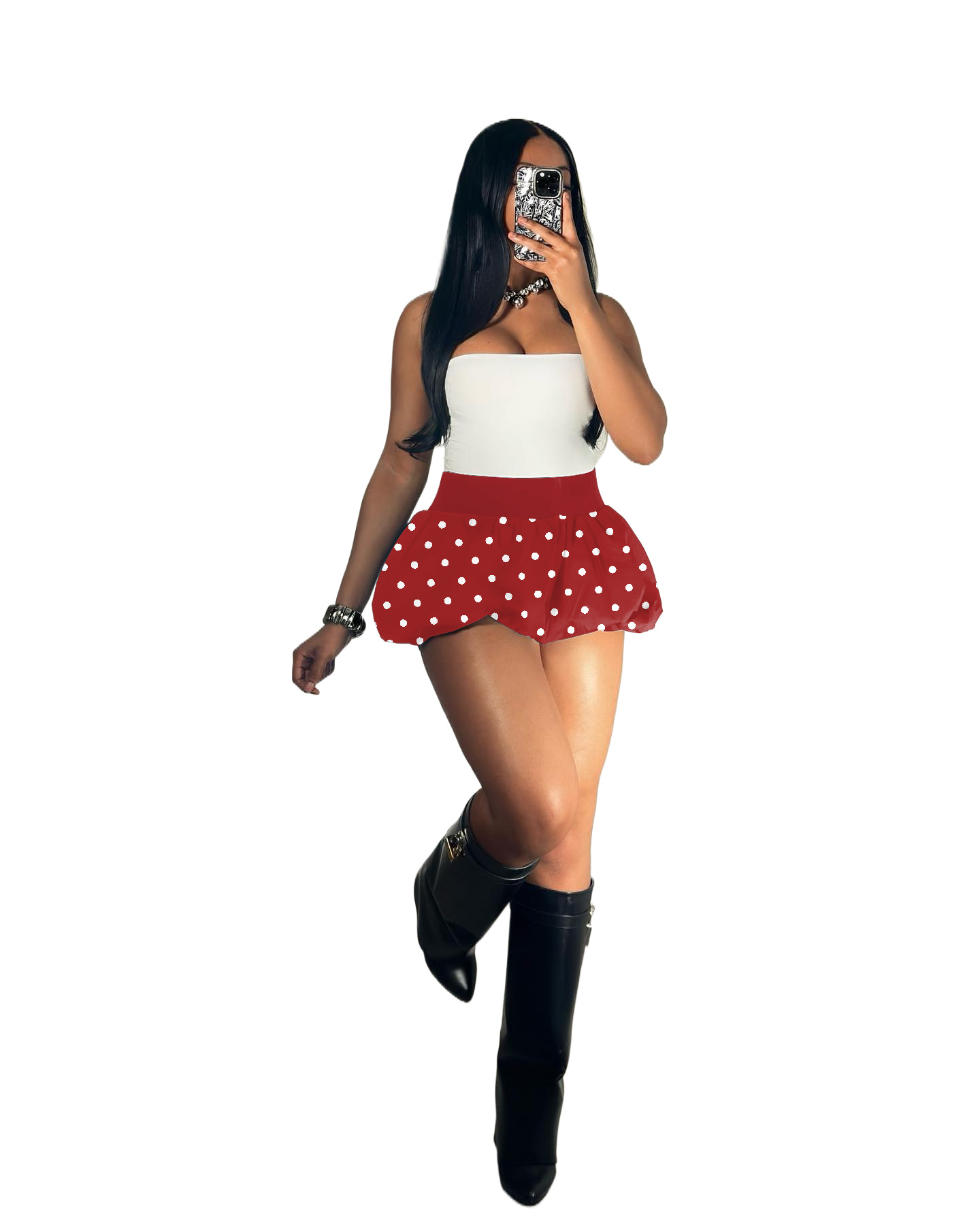 Retro Polka Dot Bubble Hem Skirt High Waist Flared Mini Skirt_voghion.com