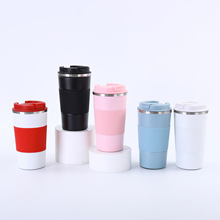 跨境爆款304不锈钢保温杯时尚车载咖啡杯防滑硅胶保护套翻盖水杯