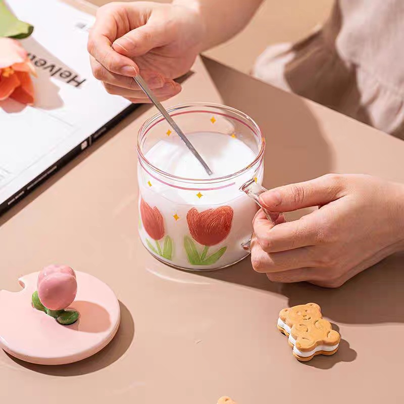 De alto aspecto lindo tulipán taza de agua taza de vidrio de niña con tapa cuchara Oficina taza de regalo del hogar taza