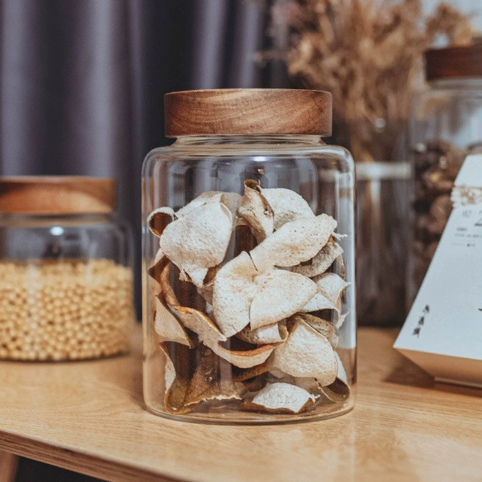 Банка для хранения чая из высокоборосиликатного стекла с крышкой из акации, для мандариновой цедры, сухофруктов, закусок и круп.