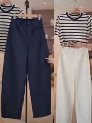 藏青色西装裤女2025夏季新款高腰宽松哈伦裤小个子九分休闲弯刀裤