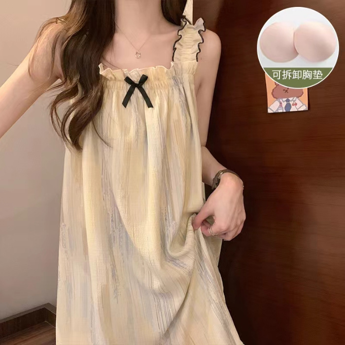 2024 verano colga cojín de pecho pijama niñas lindas dulces cómodas burbujas tela arrugada vestido de dormir ropa de mujer para el hogar