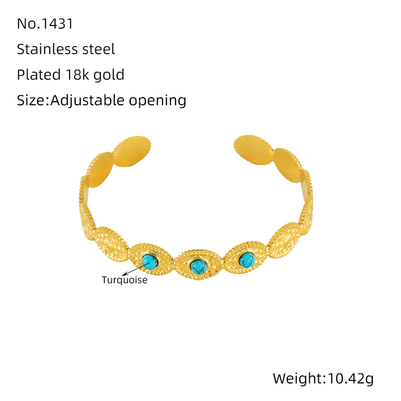 Nuevo acero de titanio azul turquesa transfronterizo ligero lujoso diseño de moda geometría de oro 18K simple pulsera de apertura en forma de C para mujeres