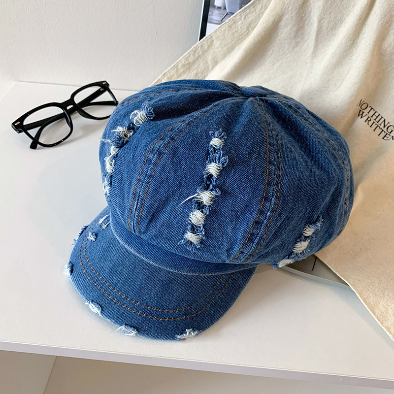 Denim coreano lavado hace vieja boina agujero mujer verano delgada cabeza grande sombrero de nubes pequeño sombrero de cara pequeña
