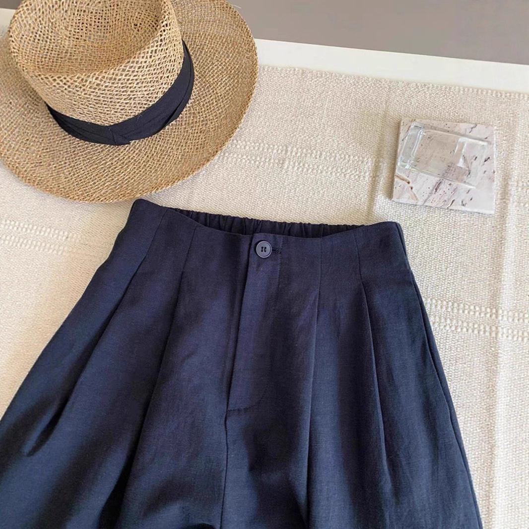 全宇宙醉好穿!!渠道货藏蓝色棉麻后松紧腰长裤女夏季仿亚麻裤子