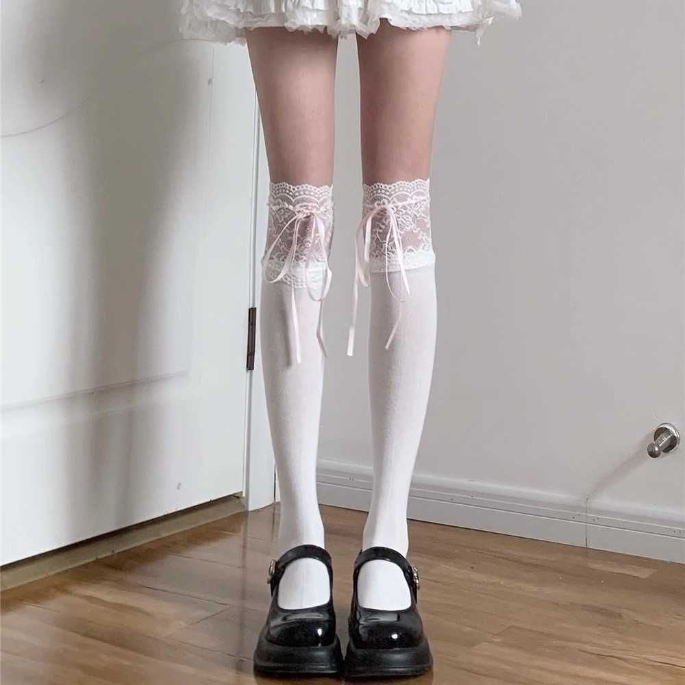 Japón blanco encaje calcetines de pantorrilla Lolita cinturón de cinta rodilla calcetines anti-deslizante
