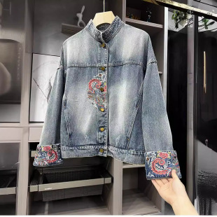 2024 Internet celebrity fashion all-match national style embroidered Phoenix Denim coat for women