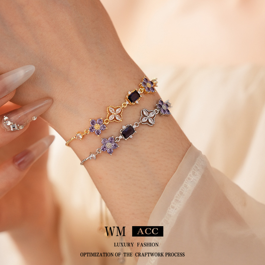 Transfronterizo flor de zircón pulsera de extracción lujosa alta sensación de moda pulsera versátil diseño de nicho joyería de mano mujer image 3