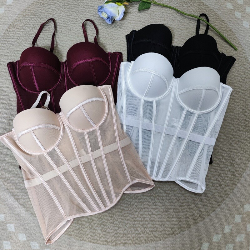 European and American style, pure and alluring fishbone corset, knitted mesh, solid color, spaghetti strap top, slimming effect, beautiful back design, with built-in bra pads, can be worn as an outer garment European and American style, pure and alluring fishbone corset, knitted mesh, solid color, spaghetti strap top, slimming effect, beautiful back design, with built-in bra pads, can be worn as an outer garment