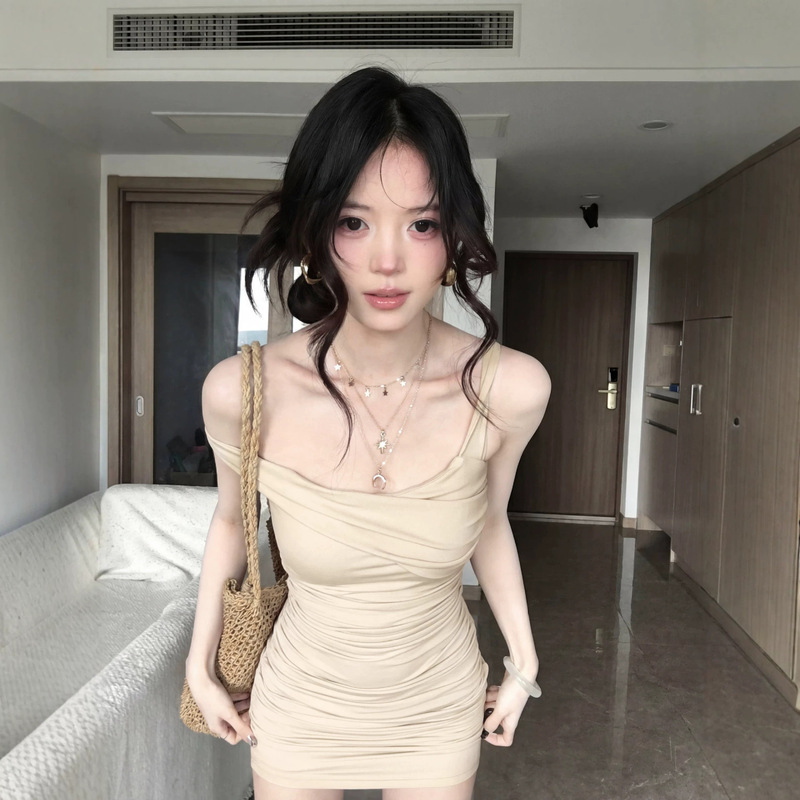 Chic Ruched Strap Dress for Women, Summer Sexy Pure Desire Style Bodycon Dress, Slimming Waist Short Dress