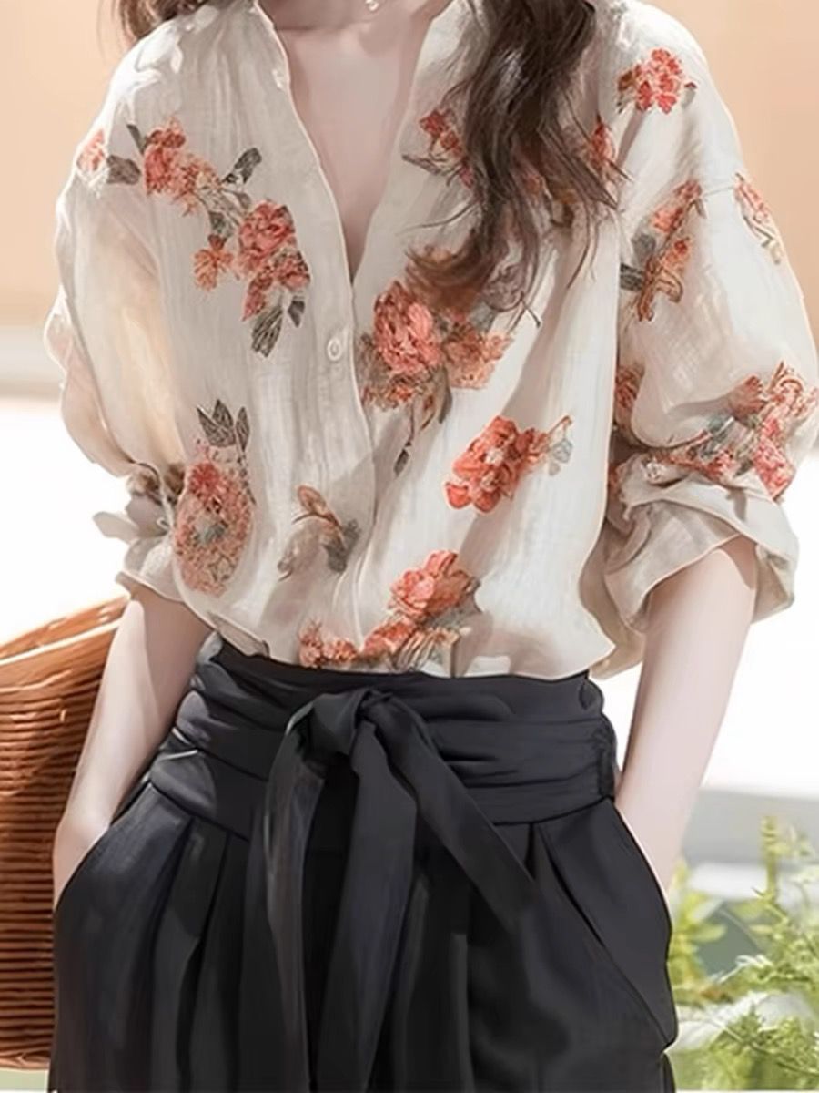 Áo sơ mi nữ dài tay họa tiết hoa nhí đi làm — Màu ảnh
