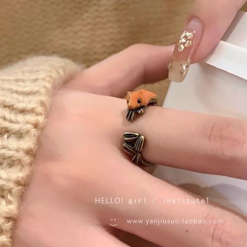 Childlike and cute little squirrel open ring female niche design index finger ring weird tail ring trend