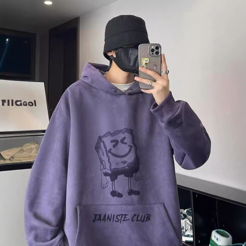 Suede American-Style Men's Sweatshirt, Spring and Autumn 2024, Heavyweight Trendy Brand, Loose Casual Cartoon Hooded Thickened Jacket Suede American-Style Men's Sweatshirt, Spring and Autumn 2024, Heavyweight Trendy Brand, Loose Casual Cartoon Hooded Thickened Jacket