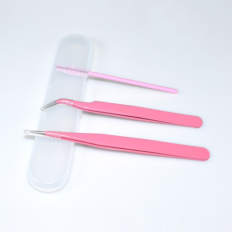 Venta caliente de pinzas de injerto traje de pestañas esteticista plantación cepillo de pestañas falsas Rosa pinzas de codo recto combinación de clip de floración