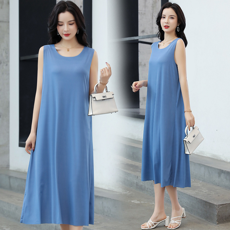 Summer Elegant New Ice Silk Rib Solid Color Dress Casual Loose Stretch Large Size Long Sleeveless Slip Dress