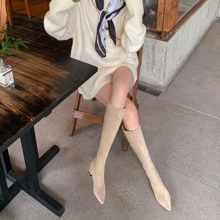 Gentle cream apricot color~Beautiful French pointed-toe high-heeled elastic boots, over-the-knee long boots, women's high boots Gentle cream apricot color~Beautiful French pointed-toe high-heeled elastic boots, over-the-knee long boots, women's high boots