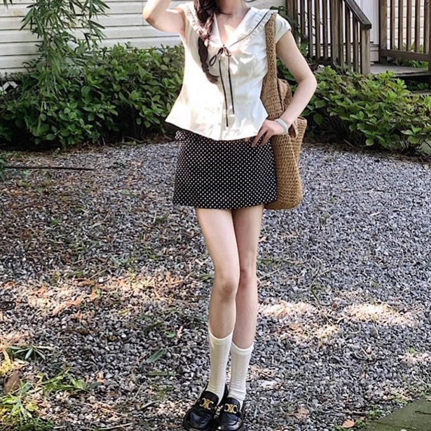 甜美海军领修身显瘦木耳边衬衫波点半身裙女2025夏季新款时尚套装|undefined