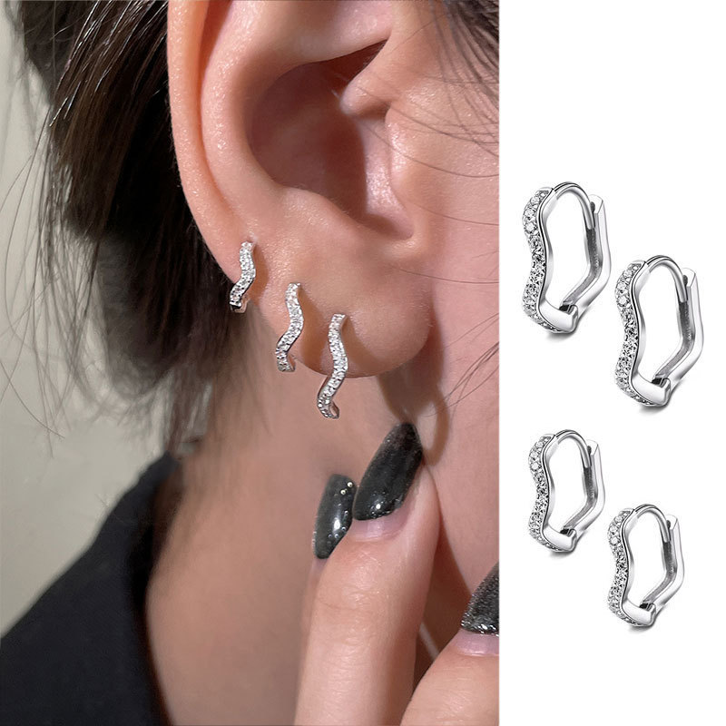 S925纯银镶钻波浪耳扣简约耳钉耳骨钉养耳洞睡觉免摘耳圈耳骨环