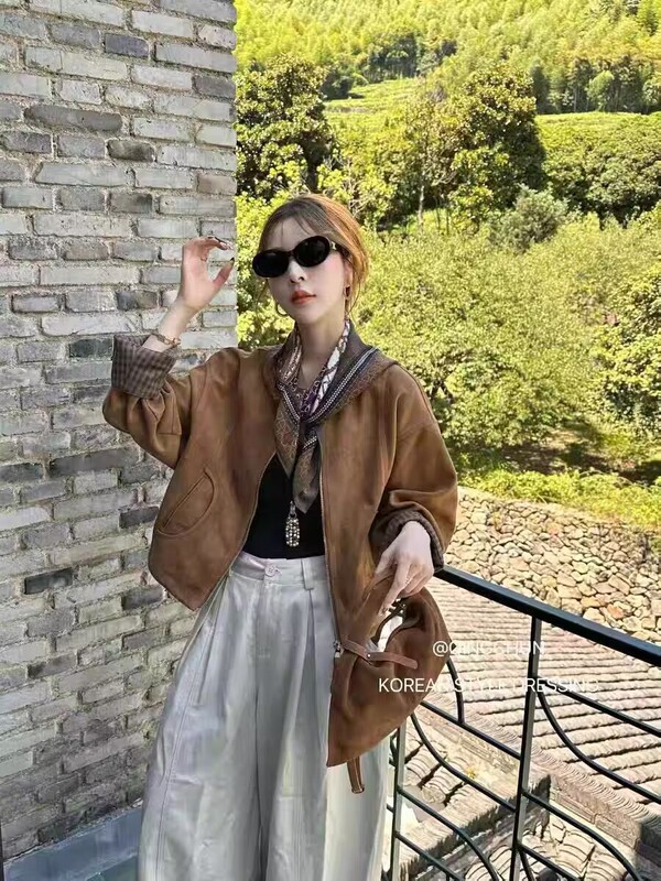 高端韩系设计感圆领袖口拼接鹿皮绒外套女25早秋季新款时尚百搭上|undefined