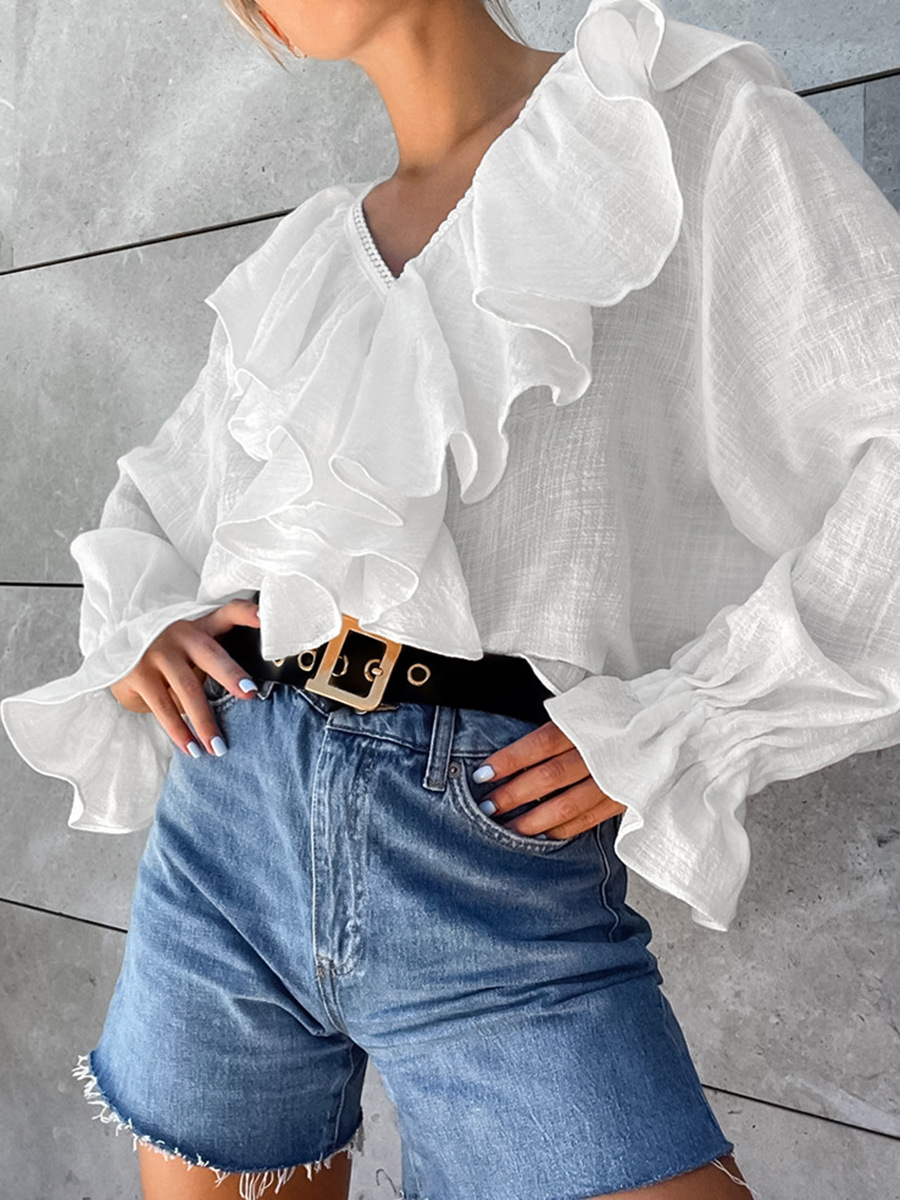 Camisa de mujer con cuello en V y bordes de loto, interior de algodón puro, diseño de otoño 2024