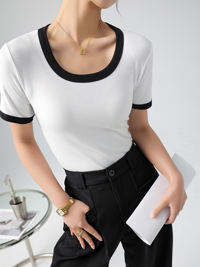Camiseta de Verano para Mujer, Cuello Redondo, Manga Corta, Bloques de Color, Estilo Moderno, Imitación Algodón, Estilo Francés image 1
