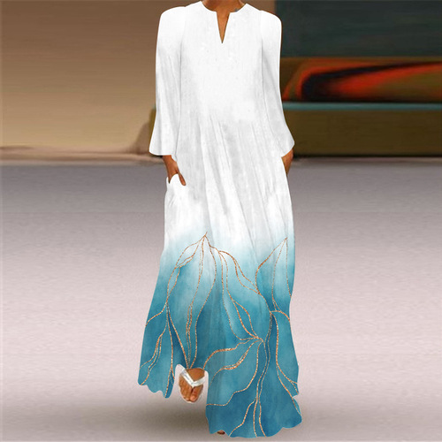2026 New Women's Long Dress for Spring and Summer Cross-border Sales from Europe and America, V-neck, Long-sleeved, Pockets, Printed, Loose Fit Dress
