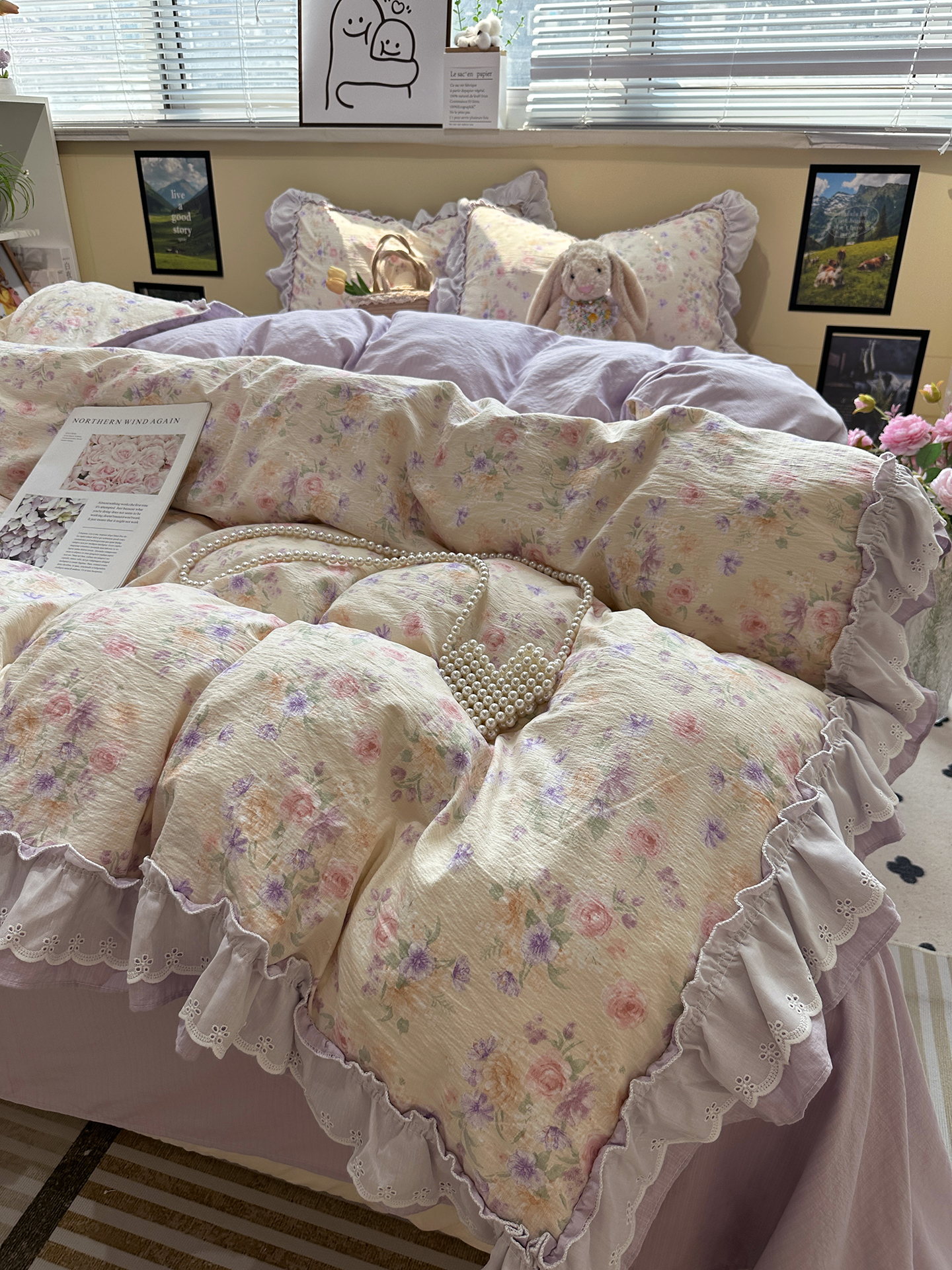 Ensemble quatre pièces en pur coton, style bohème vintage français nordique, housse de couette et drap-housse bordés de dentelle, trois pièces._voghion.com