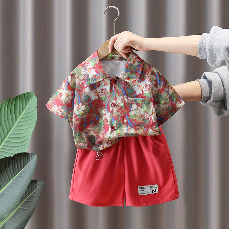 7287 Traje de camisa de flores rojas para niños 2025 Nuevo estilo de verano Ropa de manga corta de moda Traje de dos piezas de verano para niños