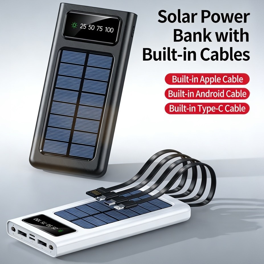 Power Bank, Ultra-Large Capacity Solar-Powered 50000Mah Portable Customized Power Bank with Built-In Cable, Cross-Border Wholesale